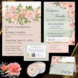 Peach Roses on White with Gold Wedding Invitation