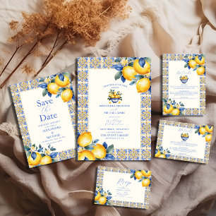 Chic Lemon Floral Greenery Mediterranean Wedding Invitation