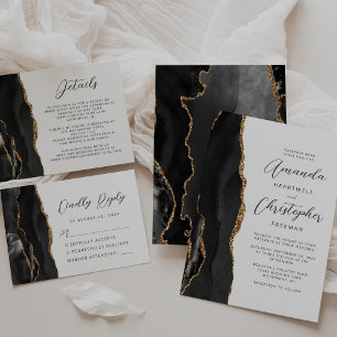 Agate Black Gold Script Wedding Invitation