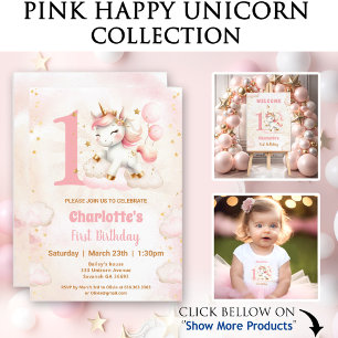 Pink Cute Unicorn Girl 1st Birthday Invitation