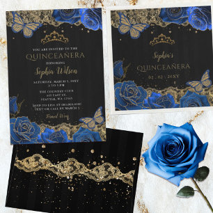 Royal Blue Roses Butterfly Black Gold Lace  Envelope