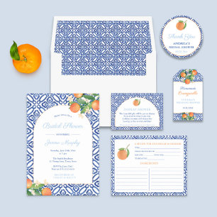 Arch Shape Oranges Blue Tiles Wedding Shower Party Invitation