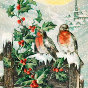 Two robins on a fence in the snow card