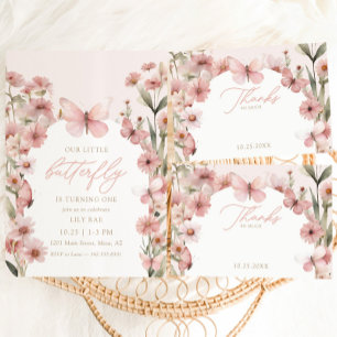 Our Little Butterfly Pink Girls 1st Birthday Invitation