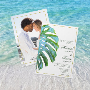 Elegant QR Tropical Monstera Leaf Gold Photo Beach Invitation