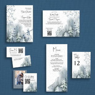 Winter Snow Forest and Deer Dusty Blue Wedding Invitation
