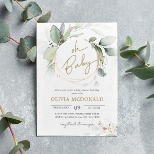 Oh Baby Greenery Gold Frame Eucalyptus Invitation