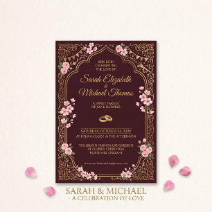 Elegant Burgundy & Cream Rose Gold Rings Wedding  Invitation