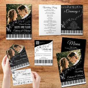 Piano Music Black & White Photo QR Code Wedding All In One Invitation