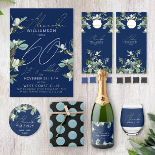 Stylish Sixty Modern Script Blue Floral Invitation