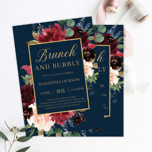 Boho navy vurgundy blush floral gold we still do invitation