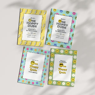 "One Happy Dude" Retro Smile 1st Birthday Party Invitation