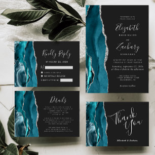 Modern Teal Silver Agate Dark Wedding Details Enclosure Card