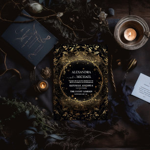 Mystical Celestial Black and Gold Wedding Invitation