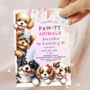 Girls Puppy Lets Pawty 9th Birthday Invitation