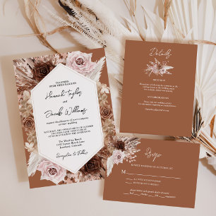 Boho Terracotta Pampas Grass QR Code RSVP Wedding Invitation