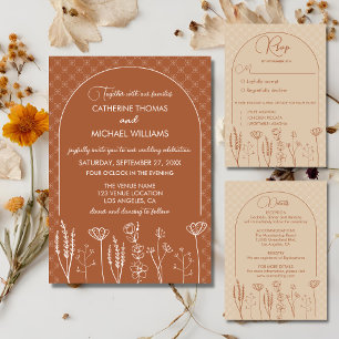 Burnt Orange Wildflower Bohemian Arch Wedding Invitation