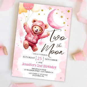 TWO the Moon   Pink Girl 2nd Birthday  Invitation