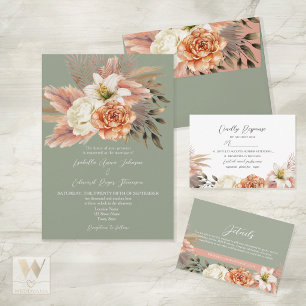 Sage Green Peach Floral Wedding All In One Invitation