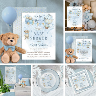 Teddy Bear Balloons Boy Bearly Wait Baby Shower  Paper Plate