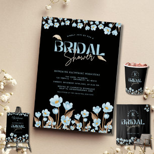 Black Elegant Blue Watercolor Floral Bridal Shower Classic Round Sticker