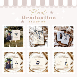 Photo Navy Gold Floral Graduation  Invitation