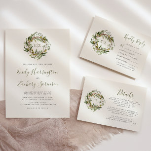 Rustic Watercolor Olive Wreath Wedding Invitation