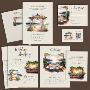 Sunset Beach Floral Pagoda Summer Wedding Invitation