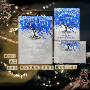Royal Blue Heart Leaf Tree Wedding Invites