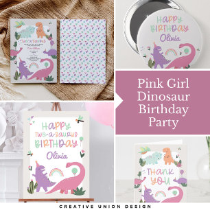 Pink Girl Dinosaur 2nd Birthday Party Invitation