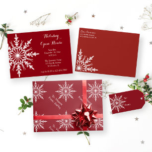 White Snowflake on Red Holiday Open House Invitation