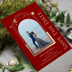 Mystical Red Gold Sun Moon Stars Celestial Wedding Table Number