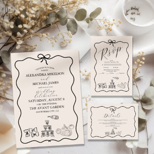 Black Wavy Whimsical Italian Doodle Wedding Invitation