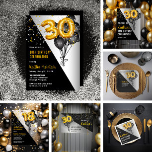 Balloons Elegant Black   Gold 30th Birthday Party Acrylic Invitations