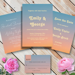 Elegant Chic Blue Orange Sky Sunset Wedding  Invitation