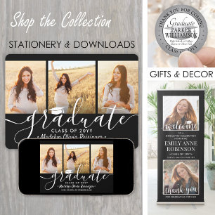 3 Photo Collage Black and White Graduation Party Invitation