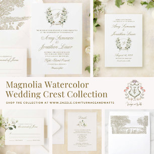 Watercolor Magnolia Wedding Crest Invitation