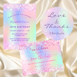 Birthday pink purple holographic budget invitation flyer