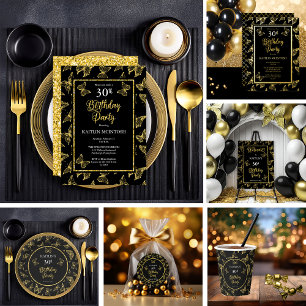 Elegant Black Gold Butterflies 30th Birthday Party Classic Round Sticker