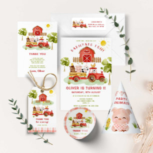 Red Farm animals first birthday party Invitation