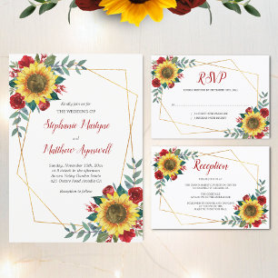 Sunflower Red Floral Modern Geometrical Wedding Invitation