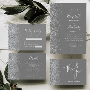Silver Glitter Edge Grey Wedding Thank You Card