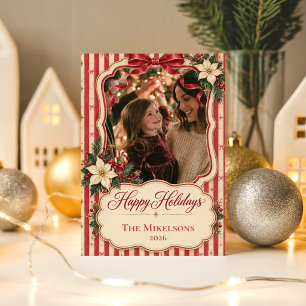 Coquette Retro Candy Stripe Photo Christmas Holiday Card