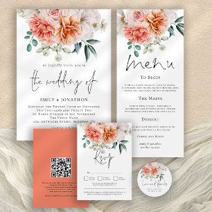 Peach Coral Peonies Floral 3 Photo QR Code Wedding Invitation