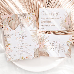 Boho pampas grass gender neutral hello baby shower invitation