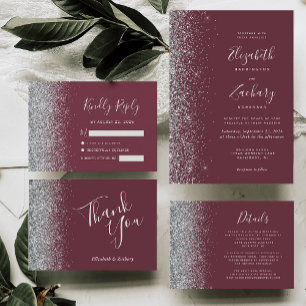 Burgundy Silver Glitter Edge Wedding Details Enclosure Card