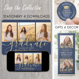 4 Photo Collage Script Navy Gold Graduation Party Invitation