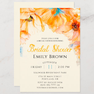Watercolor Orange Poppy Bloom bridal shower  Invitation