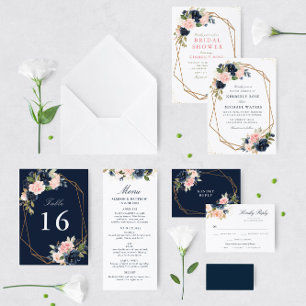 Navy & blush watercolor floral geometric wedding invitation
