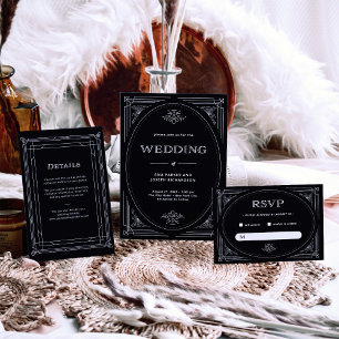 Modern Deco   Elegant Onyx Black and White Wedding Menu